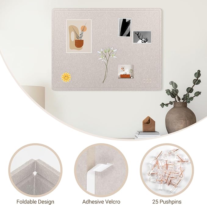 AKTOP Foldable Felt Bulletin Board for Wall, 60x36 inches, Latte | Large Cork Board Alternative with 25 Pushpins, Decorative Photo Display Board Pin Board 5x3, For Home, Office & School