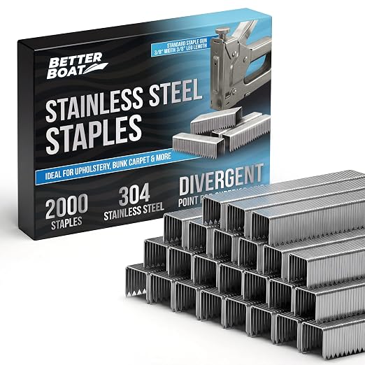 Better Boat Type T50 Stainless Steel Staples for Staple Gun, Heavy Duty | Staples Pack, Bunk Carpet, Upholstery Compatible with T-50 Staple Guns 3/8" width crown, 2000 Pack 3/8" Leg