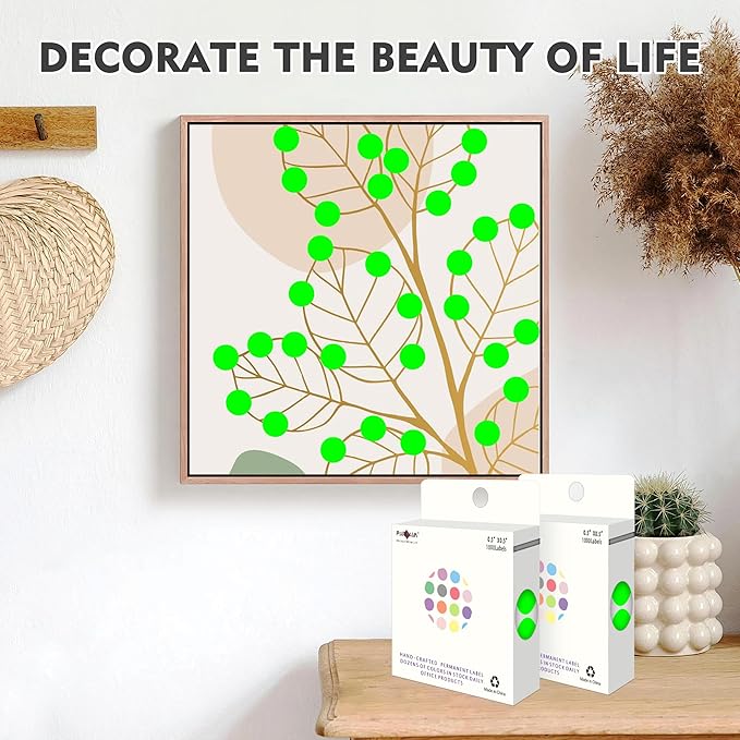 PARLAIM 1/2 Inch Diameter Dot Stickers, 10 Rolls 10000pcs Fluorescent Green Self-Adhesive Color-Code Dot Stickers Permanent Adhesive Round Circle Labe