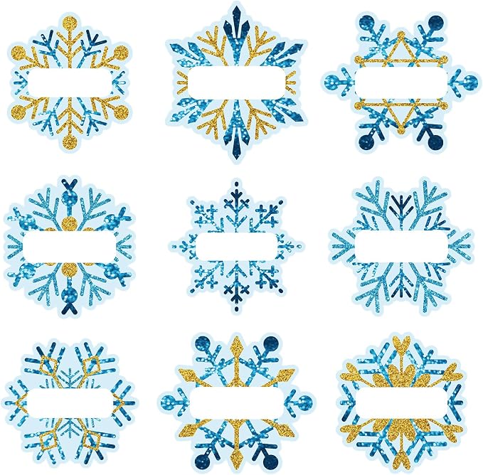 Whaline 90Pcs Christmas Winter Name Tag Stickers Blue Gold Snowflake Shape Nameplates Xmas Self-Adhesive Gift Label Decals for Holiday Present Students Desk Classroom, 9 Designs