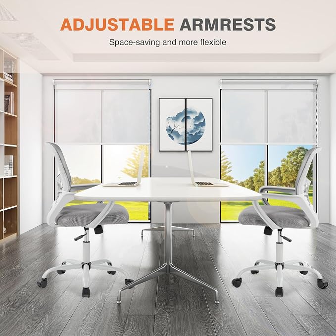 Sweetcrispy Computer Desk Chair, Mesh Office Chair, Lumbar Support, Grey | Ergonomic Mid-Back, Adjustable Height, 360° Swivel Wheels, Comfy Arms, Bedroom Study, Managerial Executive