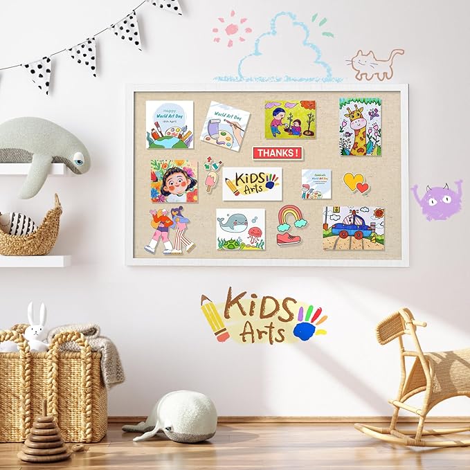 Miratino Large Bulletin Board 30x20 inch with Linen Cork Boards Wall Decor Hanging Pin Wood Framed Display Bulletin Cork Photo Picture Board Light for Room School Office 20-Pushpin Vintage White