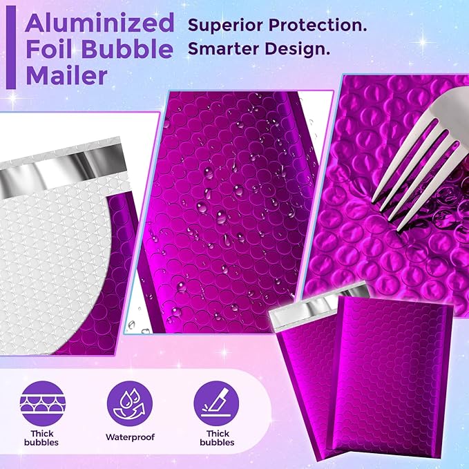 Fuxury Foil Bubble Mailers 6x10" 50 Pack,Sturdy Padded Envelopes Usable Size 6x9",Strong Adhesion Bubble Shipping Envelopes,Thick Opaque Shipping Bags for Mailing Jewelry Makeup Gift Small Item Purple