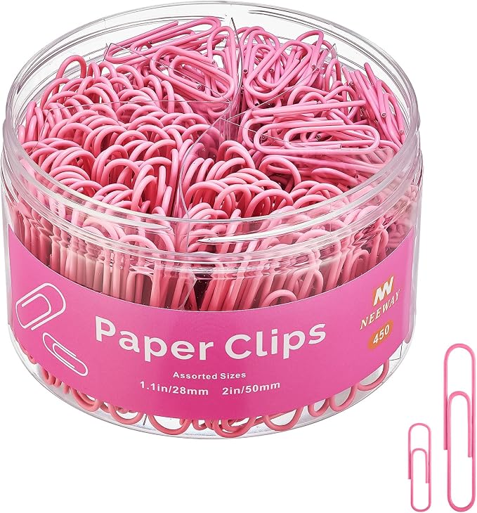 NEEWAY 450pcs Paper Clips Assorted Sizes, Small and Large Paper Clips (1.1 inch, 2 inch), Coated Paperclips for Office School Document Organizing (Rose Pink)
