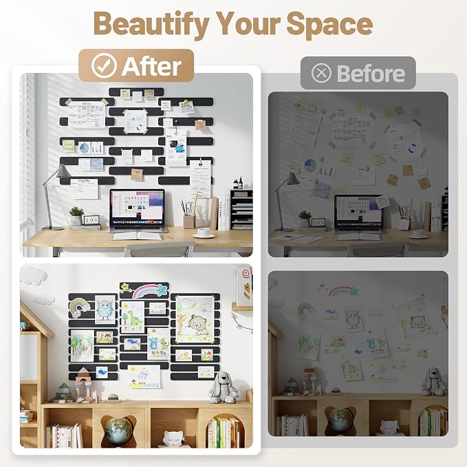 10 Pack 13"x2" Cork Board Strip with Removable Adhesive Squares & Push Pins | Pin Board Alternative Felt Strip Bulletin Board, Felt Board for Photo & Note Display, Home Office Decor - Black