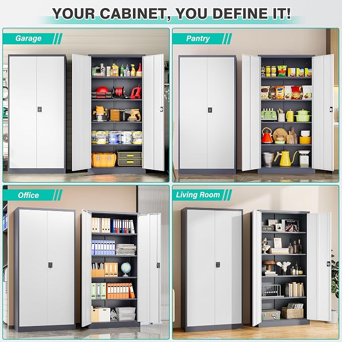 Wide & Deep Metal Storage Cabinet with Shelves,72 inch Tall Garage Storage Cabinet with Lock,Gray White Metal Cabinets with Locking Doors,Large Steel Lockable Cabinets for Home,Office,Shop,Garage