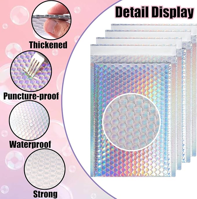 50 PCS Metallic Bubble Mailers,Poly Padded Envelopes,Holographic Bubble Mailers,Waterproof Shipping Bags,Self Seal Foil Glitter Glamour Cushion Envelopes for Mailing,Packing,Small Business