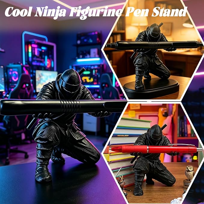 3D Printed Ninja Pen Holder - Cool Ninja Figurine Pen Stand, Decorative Desk Organizer for Office & Home (black)