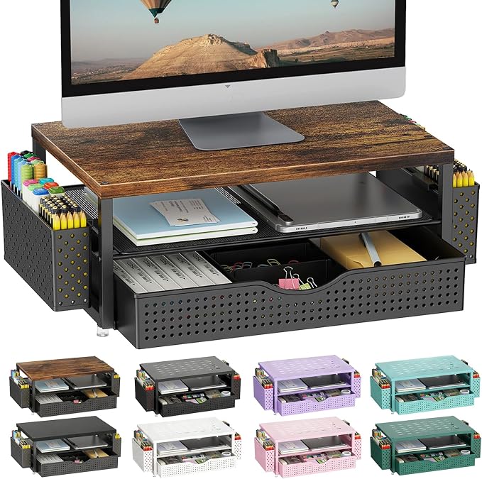 gianotter Desk Organizers and Accessories, Monitor Stand with Drawer and 2 Pen Holder, Desktop Organizer Suitable for Offices and Dormitories (Wood-Plain)