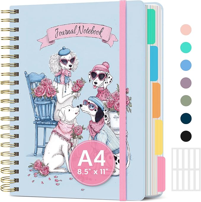 Spiral Notebooks for Work 5 Subject Notebook with Removable Dividers | Aesthetic Hardcover Journal for Women 8.5" x 11" College Ruled 280 Pages Journal for School & Note Taking, Puppy Parade