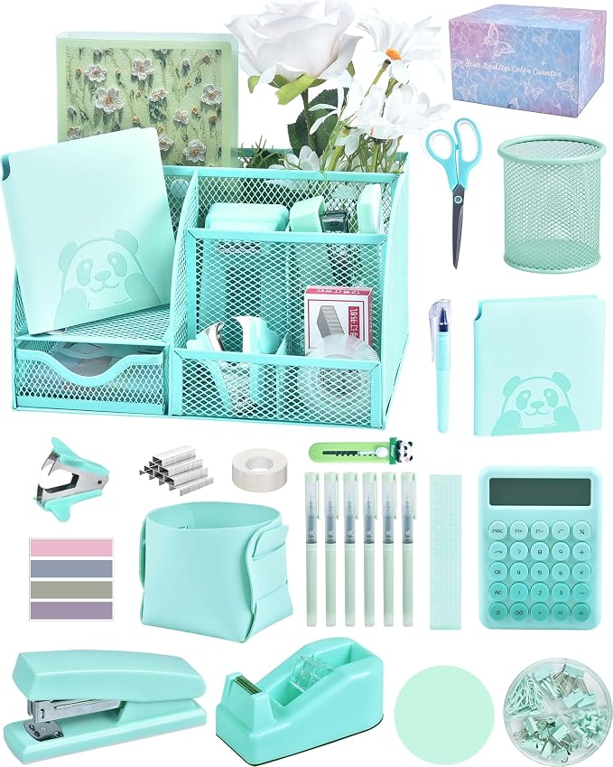 23pc Green Desk Accessories and Organizers with Mesh Organizer Stapler Tape Dispenser Calculator and a Lot of Office Purple Office Supplies Beautifully Presented in a Gift Box