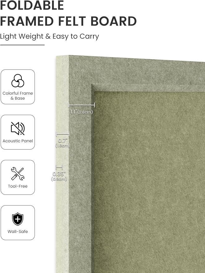 Fluxynara 23.6" x 17.1" Felt Frame Bulletin Board, Olive Green | Cork Board Alternative with 12 Removable Adhesive Tabs, Foldable Pin Board for Wall, Home, Office, Classroom & Dorm