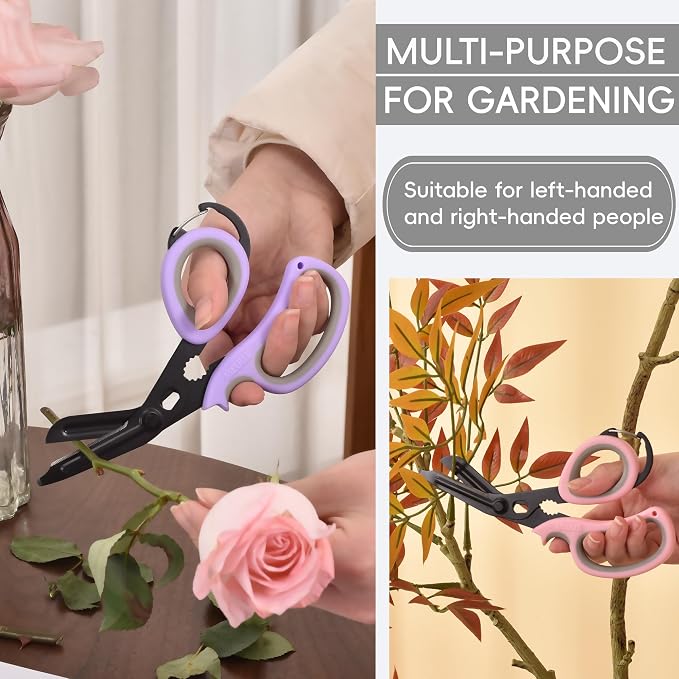 MEUUT All Purpose Scissors 2 PCS with Carabiner for Kitchen Outdoor | 7.5-inch heavy duty all purpose, Ambidextrous, micro-serrated stainless steel blades, integrated O2 wrench, soft rubber grip