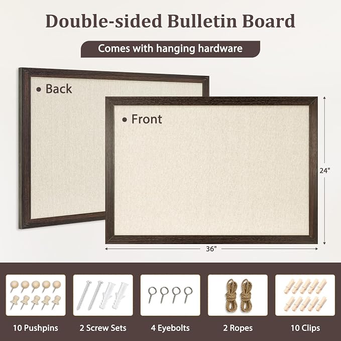 DOLLAR BOSS Bulletin Boards with Linen, 36"x24" Cork Board, Dark Walnut | Double-Sided Corkboards for Walls, Decorative Pin Board, Photo Display, For Office Home School Dorm, 10 Pushpins 10 Clips