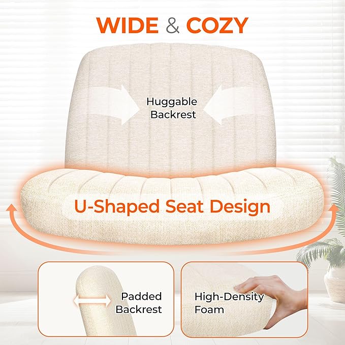 Orange Factory Criss Cross Chair Wheels Wide Cross Legged Office Desk Vanity Chair Comfy Fabric Armless Adjustable Swivel for Home Computer Task (Beige Wheel, Fabric)