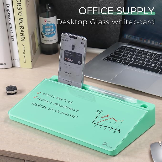 TOWON Compact Glass Desktop Whiteboard with Storage 12x7 in, Mint Green | Aesthetic dry erase surface, 5 markers, eraser and holder included, for the office, home or school desk