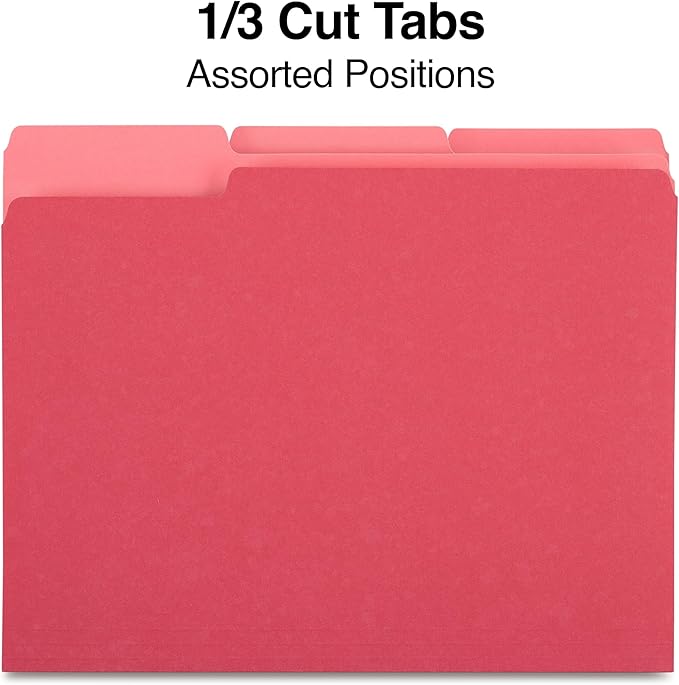 Staples File Folders, Letter Size, 1/3‑Cut Tabs, Red, Durable 10.5‑Point Paper Stock, 100/Pack
