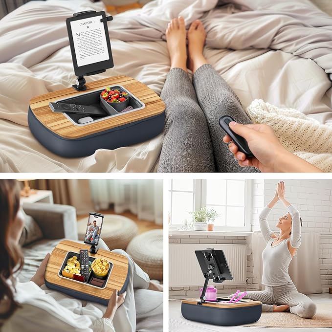 Tablet Pillow Stand for Lap Use,Adjustable iPad Holder with Snack Bowl,360° Rotating Clip for 4.7-13" Kindle,Phone,Tablet.Ideal for Hands-Free Reading and Relaxation on Bed,Couch,Recliner,Gray