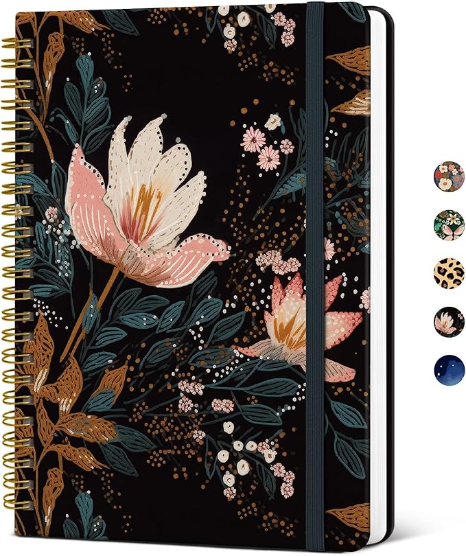Taja Spiral Journal Notebook for Women, Pretty Hardcover Lined Notebook for Work & Note Taking, Aesthetic Cute Journal for Writing, 140 Pages, 5.8"x8.3", Vintage Petals