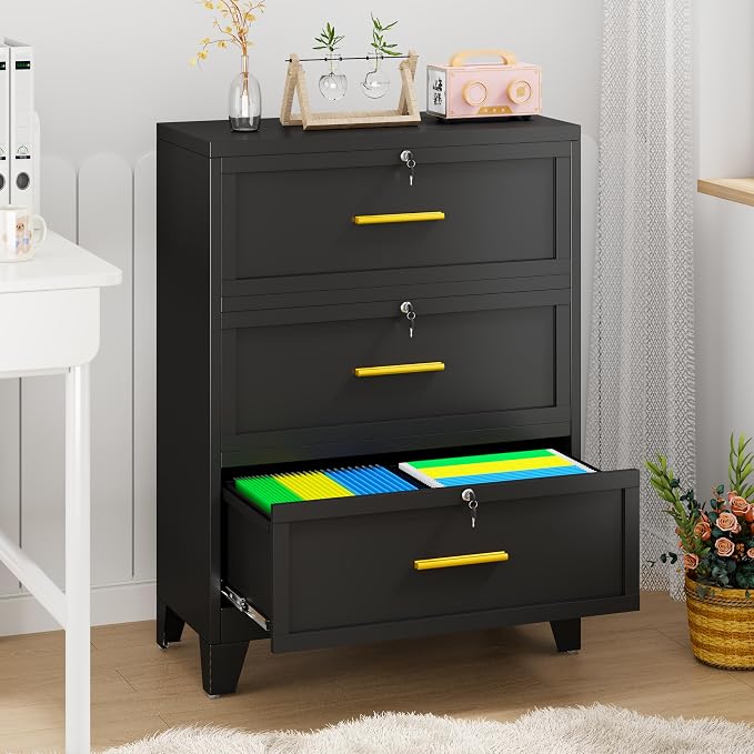 3 Drawer File Cabinet with Lock, Wide Metal Cabinet for Home Office | Wide lateral file cabinet for Letter, Legal, A4 and F4 hanging folders; individual locks, adjustable feet, anti-tip design