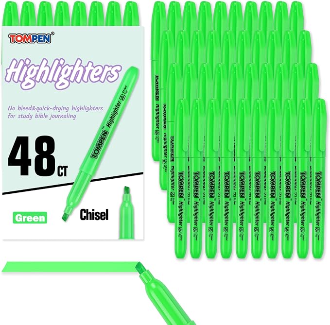 Highlighters Green 48 Pack,Bible Highlighters No Bleed–Bulk Chisel Tip Highlighter Markers Set for School,Office,Study,Journaling–Smear-Free,Quick Dry–Fluorescent Pens for Teachers Students