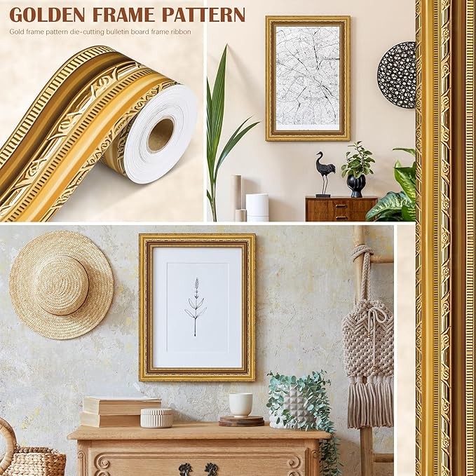 Outus 68FT Gold Frame Bulletin Board Border Die-Cut Straight Border Trim for Classroom Chalkboard, Picture Frames, Artworks, Walls, Mirrors & Office Decor, Classic Metallic Frame Molding(Antique)