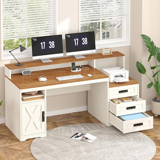 65" Farmhouse Computer Desk with Drawers and Printer Stand for Home Office | Office Desk with Power Outlets and Storage Cabinet, Study Writing Desks with Long Monitor Stand, Brown and White