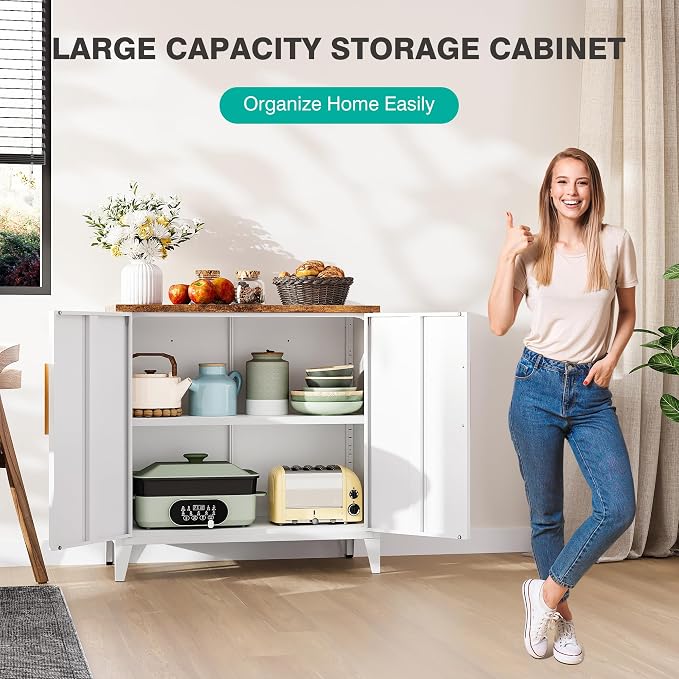 White Storage Cabinet with Doors and Shelves,30 inch Small Pantry Cabinet Sideboard with Leg,Accent Cabinets with Storage,Side Floor Cabinets for Home,Kitchen,Coffee Bar,Dining/Living Room