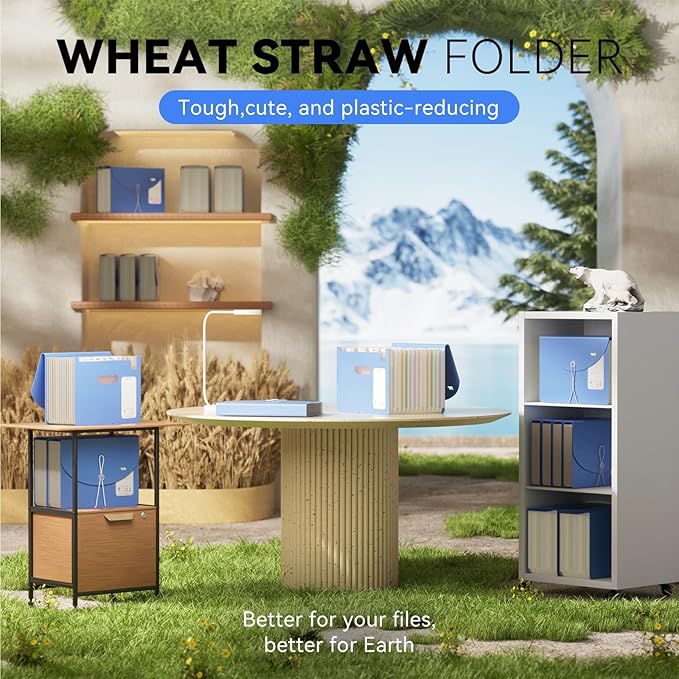 12-Pocket Wheat Straw Expanding File Folder, Adorable Polar Bear Cut-Out, Portable Monthly Bill & Tax Receipt Organizer, Letter/A4 Size -UN Blue Polar Bear