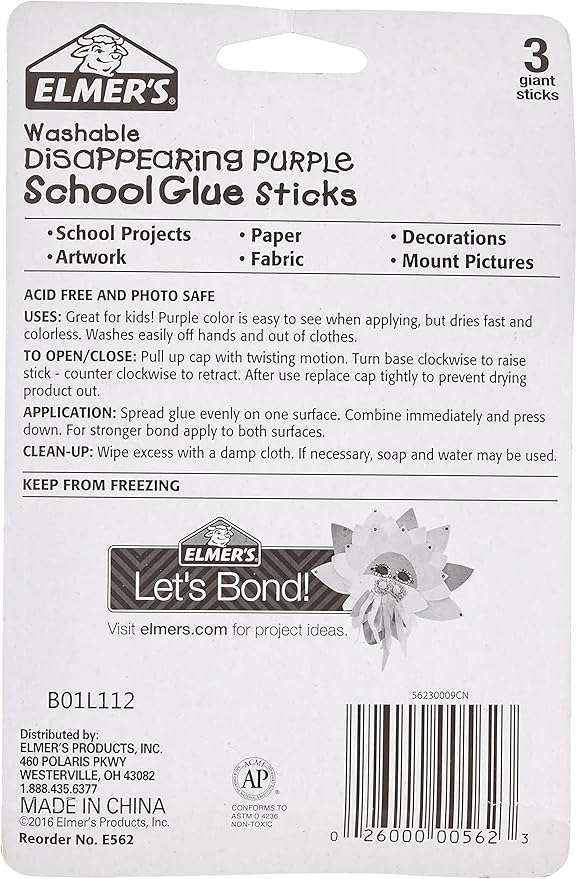 Elmer's Disappearing Purple School Glue Sticks, Washable, 22 Grams, 18 Sticks Total (Packaging May Vary)