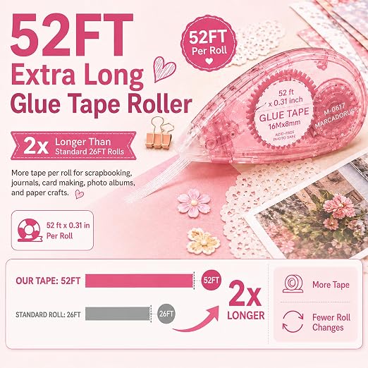 MARCADORUS Double Sided Tape Roller, Scrapbook Glue Tape 6 Pack, Extra-Long | 52 Ft x 0.31 In Each, 312 Ft Total; Permanent, Acid-Free, Photo-Safe Tape for Scrapbooks, Journals, Cards & Crafts