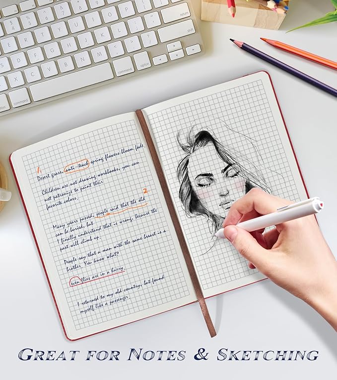 Graph Paper Notebook Journal for Women Men,140 Pages Hardcover Grid Notebooks for Work & School,Leather Journals for Writing, Graphing Paper Notebook 5.7"×8.3" (Winered)