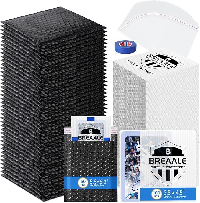 Trading Card Shipping Kit, Includes 100 3.5" x 4.5" Card Shipping Protectors, 50 Envelope Bubble Mailers, 50 Self-Seal Poly Bags, 20M Painter’s Tape for Raw Cards, Toploaders & TCG Singles