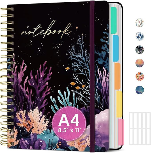 Large Spiral Lined Notebooks for Work with Removable Dividers & Tabs, 8.5"x11" Pretty Hardcover 5 Subject Notebook Journal for Women, College Ruled, Perfect for Study & Office Organization, 280 Pages,Coral Dream