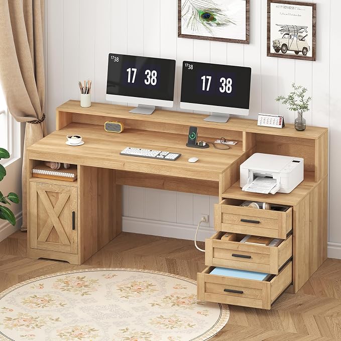 65" Farmhouse Computer Desk with Drawers and Printer Stand for Home Office | Office Desk with Power Outlets and Storage Cabinet, Study Writing Desks with Long Monitor Stand, Oak