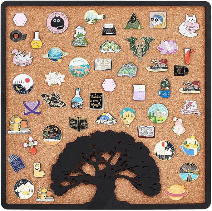 BENECREAT Square Tree of Life Pin Board Cork Board, 11.8x11.8inch Bulletin Display Board Wall Mounted Cork Board with Black Frame for Brooch Pin Storage Display, Office Home and School Decor