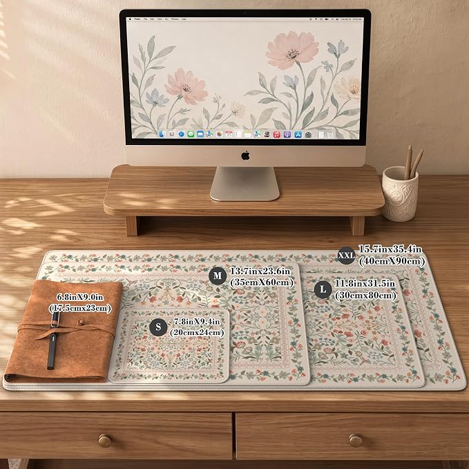 iCasso Aesthetic Flower Mouse Pad for Laptop, 23.6x13.7in Desk Pad, Beige | Desk Matt for Desktop,Anti-Slip Mousepad with Stitched Edges for Laptop Computer Keyboard