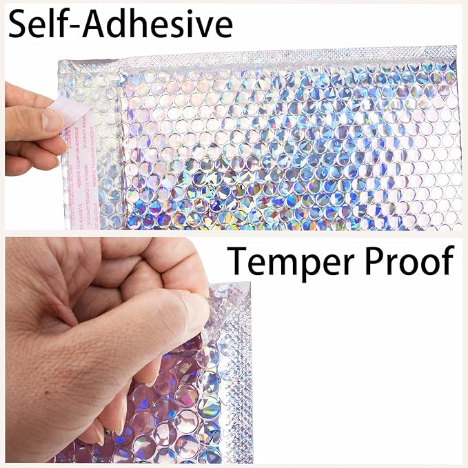 Metallic Bubble Mailers Set of 50, 3 Sizes Holographic Bubble Shipping Bags, Waterproof Self Seal Padded Cushion Envelopes for Packing, Mailing, Business, Jewelry, Makeup