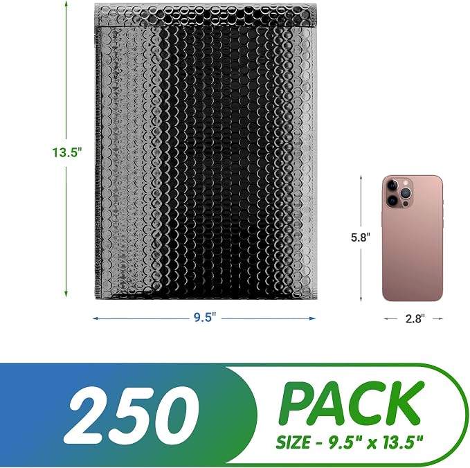 Metallic Bubble Mailers 9.5 x 13.5 Inches Black, 250 Pack Heavy Style Padded Envelopes for Shipping, Mailing, Packaging Protection
