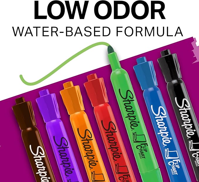 Sharpie Flip Chart Markers, Bullet Tip, Assorted Colors, 24 Count - Low-Odor, Squeak-Free, Home, Office, Back to School, Teacher Supplies, Pack of 3
