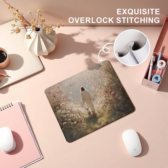 Christian Jesus with Lamb Flower Mouse Pad, Christian Jesus Gifts Mouse Pads Mousepad for Desk Office Computers Laptop, Religious Office Supplies Desk Accessories, 9.5x7.9 Inch
