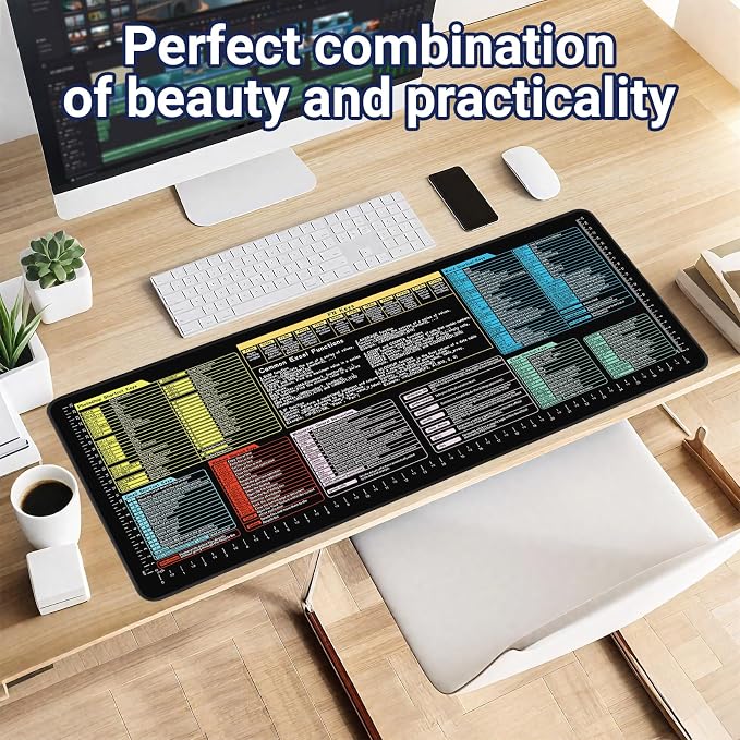 Excel/Word/PS/Gmail/Windows/Mid Journey Cheat Sheet Desk Pad - Waterproof Desk Mat with Inch Scales,Non-Slip Large Excel Cheat Sheet Keyboard Mat for Desktop,Gift(Common Office Software 02)