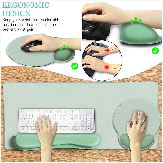 LIMKRIAN Sage Green Mouse Pad Set, XXL Desk Matt for Desktop Decor | Ergonomic Keyboard Support & Coaster, Mouse Pad with Gel Wrist Rest for Pain Relief, Home Office Gaming Accessories Gifts