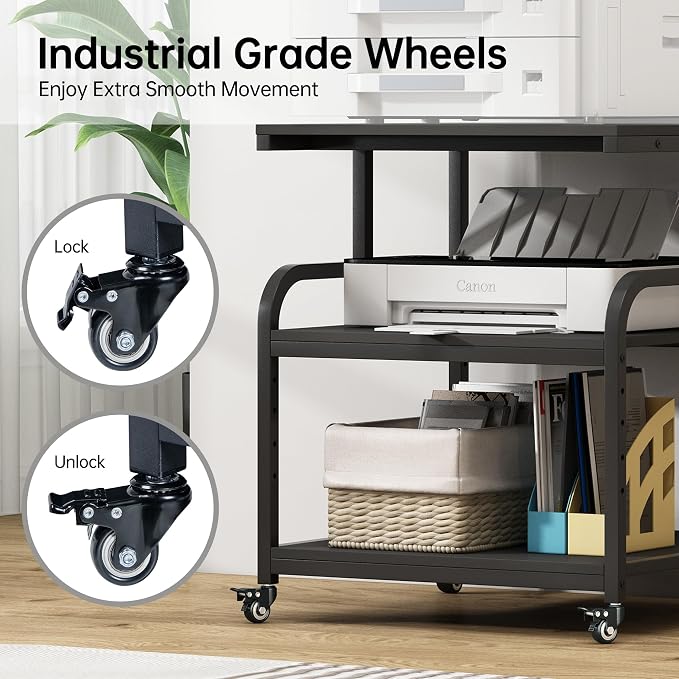 Fannova 25.6"x23.6" Extra Large Printer Stand with Adjustable Storage Shelf | Heavy Duty 3D Printer Table with Metal Frame, 3 Tier Rolling Printer Cart with Industrial Wheels for Home Office, Black
