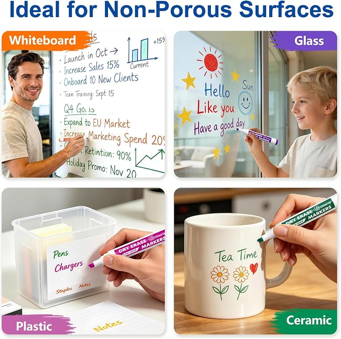 Dry Erase Markers with Eraser, 36 Count Chisel Tip Whiteboard Markers | 12 Assorted Colors, Low Odor, Non-Toxic, Quick-Dry Ink, for Office, Classroom, Back-to-School Supply