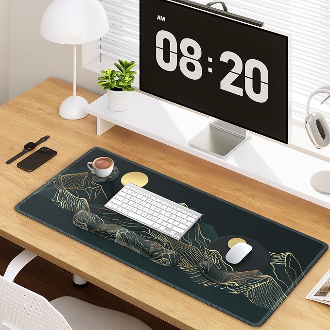 iCasso Large Mouse Pad, 4in1 XXL Mousepad + Keyboard Wrist Rest+Mouse Wrist Rest+Coaster Set with Ergonomic Design for Computer(Cyan-Mountain)