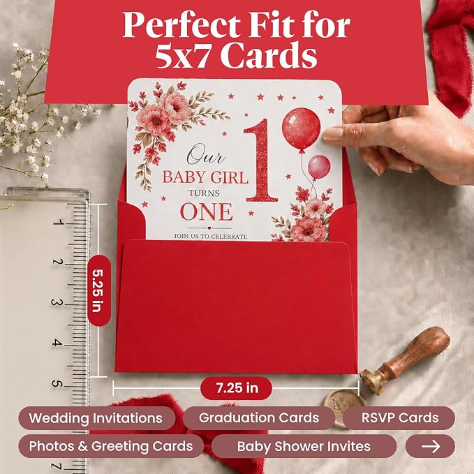 110 5x7 Red Invitation Envelopes - for 5x7 Cards - A7 - (5 ¼ x 7 ¼ inches) - Perfect for Weddings, Graduations, Baby Showers - 120 GSM - 32lb/80lb Text - Peel, Press & Self Seal - Square Flap
