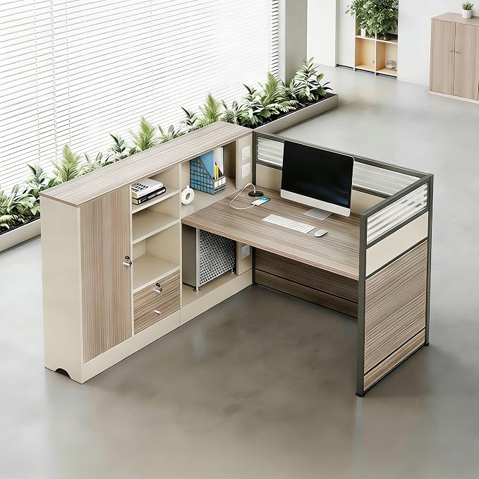 Modern Office Workstation Desk with Side Storage Cabinet, Tempered Glass Privacy Panels, USB Charging Hub & Cable Management, Modular Cubicle Desk for Office Work (A - Left, 1P)