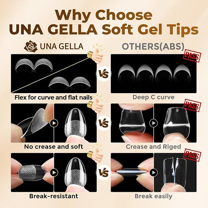 UNA GELLA Extra Short Almond Nail Tips Full Cover 504PCS Gel Nail Tips | XS Short Almond Shaped Nails Tips Soft Gel Clear Fake Nails Tip for Acrylic Nail Tip Home DIY Salon Nails 12 Sizes