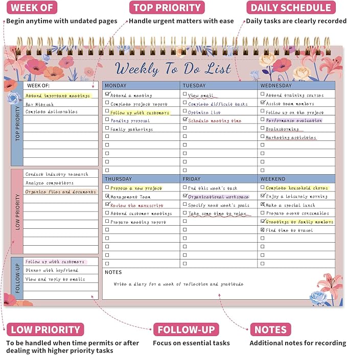 104 Pgs Weekly To Do List Notepad 52 Duplex-Printed Undated Sheets 100 GSM | （8.5"×11") Weekly Desk Planner For Work Home School Office Desk Accessories Supplies & Goal Setting Tasks -Pink Floral